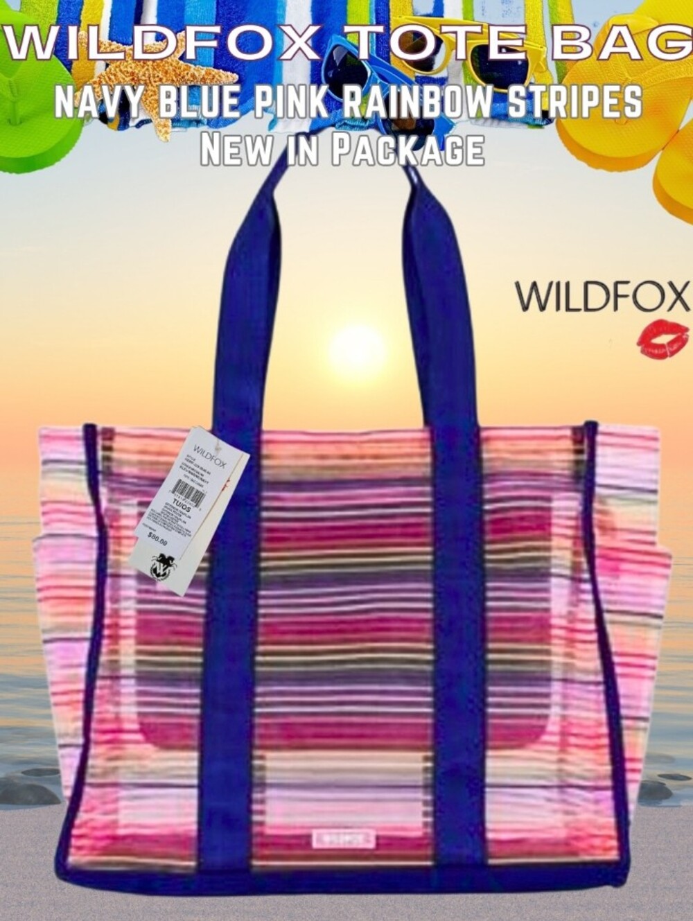 Wildfox Pink Rainbow & Navy Striped Mesh Tote New With Tags In Package